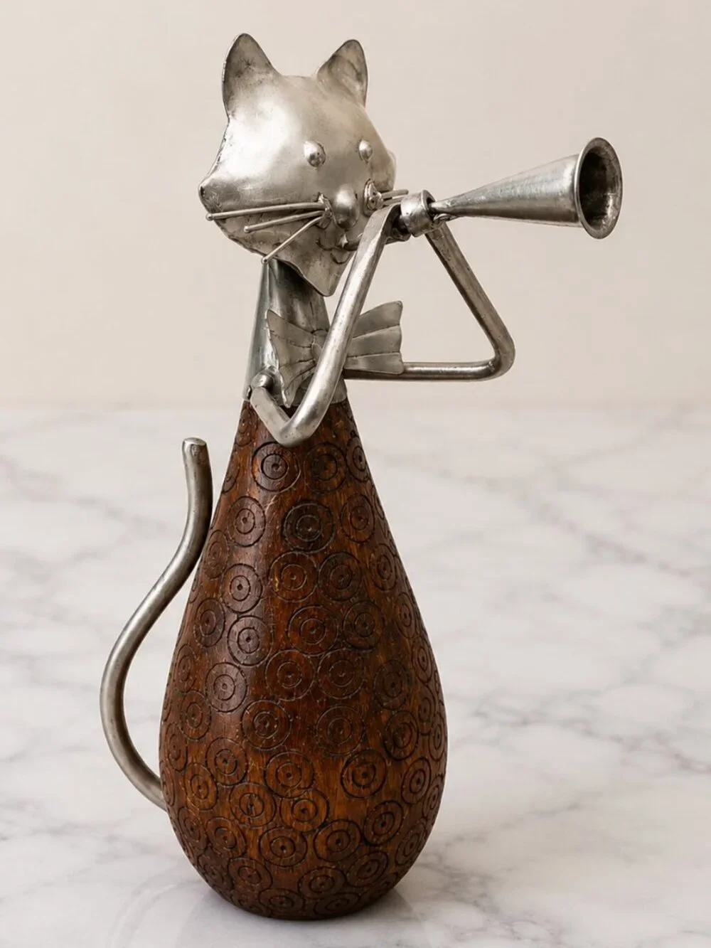 Pier 1 Carved Wood & Metal Cat Figurine Playing Trumpet Horn Sculpture 10
